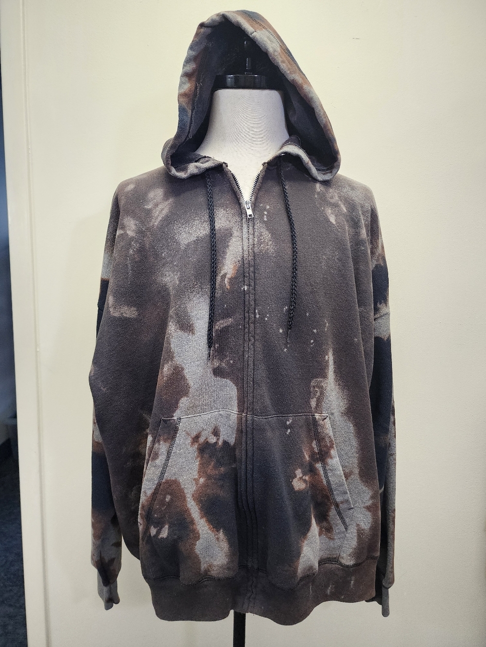Upcycled Marble Wash Zip Hoodie Hanes Charcoal Rust Bleach Dyed Size 3XL
